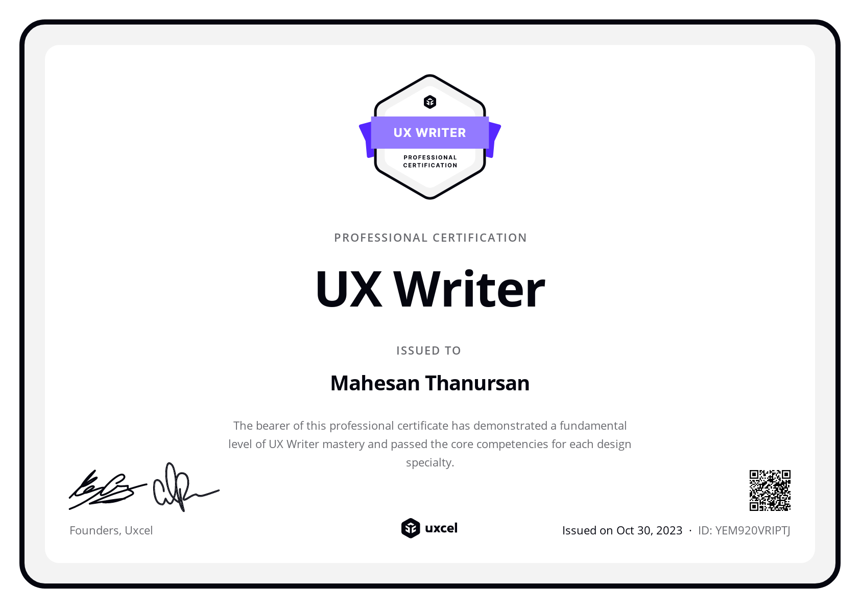 Mahesan Thanursan's certificate
